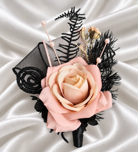 Load image into Gallery viewer, Blush & black glitter everlasting flowers corsage & buttonhole AB2097 - School formal, prom, graduation