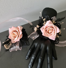 Load image into Gallery viewer, Blush & black glitter everlasting flowers corsage & buttonhole AB2097 - School formal, prom, graduation