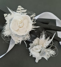 Load image into Gallery viewer, White & silver Glitter everlasting flowers corsage & buttonhole AB2100 - School formal, prom, graduation