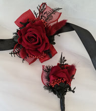 Load image into Gallery viewer, Black & burgundy corsage & buttonhole set AB2109 - School formal, prom, graduation, wedding