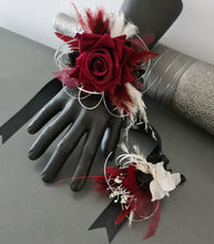Load image into Gallery viewer, Black, burgundy & white corsage & buttonhole set AB2110 - School formal, prom, graduation, wedding