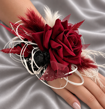 Load image into Gallery viewer, Black, burgundy & white corsage & buttonhole set AB2110 - School formal, prom, graduation, wedding