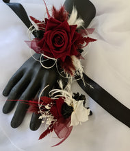 Load image into Gallery viewer, Black, burgundy & white corsage & buttonhole set AB2110 - School formal, prom, graduation, wedding