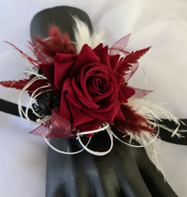 Load image into Gallery viewer, Black, burgundy & white corsage & buttonhole set AB2110 - School formal, prom, graduation, wedding
