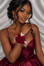 Load image into Gallery viewer, Black, burgundy & white corsage & buttonhole set AB2110 - School formal, prom, graduation, wedding