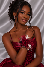 Load image into Gallery viewer, Black, burgundy & white corsage & buttonhole set AB2110 - School formal, prom, graduation, wedding