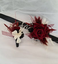 Load image into Gallery viewer, Black, burgundy & white corsage & buttonhole set AB2110 - School formal, prom, graduation, wedding
