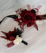 Load image into Gallery viewer, Black, burgundy & white corsage & buttonhole set AB2111 - School formal, prom, graduation, wedding