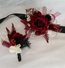 Load image into Gallery viewer, Black, burgundy & white corsage & buttonhole set AB2111 - School formal, prom, graduation, wedding
