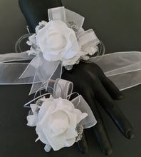 Load image into Gallery viewer, White and silver corsage & buttonhole set AB2118 - School formal, prom, graduation, wedding