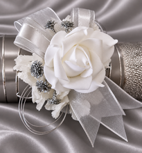 Load image into Gallery viewer, White and silver corsage & buttonhole set AB2118 - School formal, prom, graduation, wedding