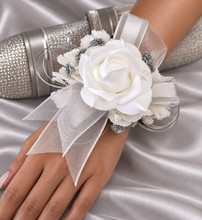 Load image into Gallery viewer, White and silver corsage & buttonhole set AB2118 - School formal, prom, graduation, wedding