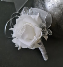 Load image into Gallery viewer, White and silver corsage & buttonhole set AB2118 - School formal, prom, graduation, wedding