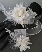Load image into Gallery viewer, Milky White and silver corsage & buttonhole set AB2120 - School formal, prom, graduation, wedding