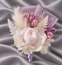 Load image into Gallery viewer, Lilac, pink & neutral preserved French peony corsage & buttonhole AB2137 - School formal, prom, graduation