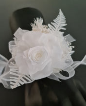 Load image into Gallery viewer, White reflexed preserved mini rose corsage & buttonhole AB2138 - School formal, prom, graduation
