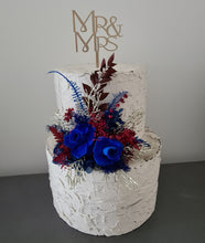 Load image into Gallery viewer, Burgundy & gold, royal blue preserved roses Floral Cake Topper