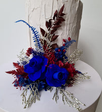 Load image into Gallery viewer, Burgundy & gold, royal blue preserved roses Floral Cake Topper