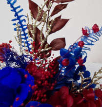 Load image into Gallery viewer, Burgundy & gold, royal blue preserved roses Floral Cake Topper
