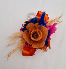 Load image into Gallery viewer, Pearl bracelet preserved flowers orange, fuchsia & blue corsage and buttonhole set AB2143 - School formal, prom, graduation