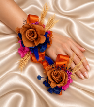 Load image into Gallery viewer, Pearl bracelet preserved flowers orange, fuchsia & blue corsage and buttonhole set AB2143 - School formal, prom, graduation
