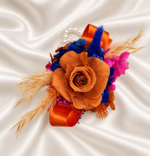 Load image into Gallery viewer, Pearl bracelet preserved flowers orange, fuchsia & blue corsage and buttonhole set AB2143 - School formal, prom, graduation