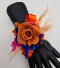 Load image into Gallery viewer, Pearl bracelet preserved flowers orange, fuchsia & blue corsage and buttonhole set AB2143 - School formal, prom, graduation