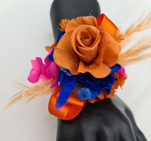 Load image into Gallery viewer, Pearl bracelet preserved flowers orange, fuchsia & blue corsage and buttonhole set AB2143 - School formal, prom, graduation