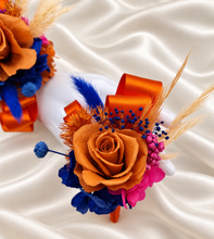 Load image into Gallery viewer, Pearl bracelet preserved flowers orange, fuchsia & blue corsage and buttonhole set AB2143 - School formal, prom, graduation