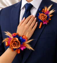 Load image into Gallery viewer, Pearl bracelet preserved flowers orange, fuchsia & blue corsage and buttonhole set AB2143 - School formal, prom, graduation