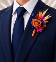 Load image into Gallery viewer, Pearl bracelet preserved flowers orange, fuchsia & blue corsage and buttonhole set AB2143 - School formal, prom, graduation