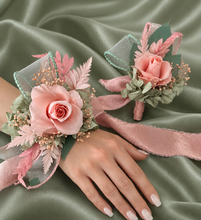 Load image into Gallery viewer, Sage and pink / peach preserved flowers corsage & buttonhole AB2152 - School formal, prom, graduation