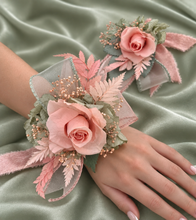 Load image into Gallery viewer, Sage and pink / peach preserved flowers corsage & buttonhole AB2152 - School formal, prom, graduation