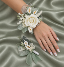 Load image into Gallery viewer, Peony & calla lily sage everlasting flowers corsage & buttonhole AB2155 - School formal, prom, graduation