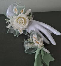 Load image into Gallery viewer, Peony & calla lily sage everlasting flowers corsage & buttonhole AB2155 - School formal, prom, graduation