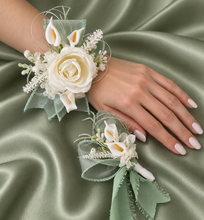 Load image into Gallery viewer, Peony & calla lily sage everlasting flowers corsage & buttonhole AB2155 - School formal, prom, graduation
