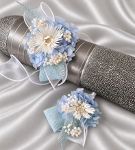 Load image into Gallery viewer, Blue & white preserved flowers corsage & buttonhole AB2157 - School formal, prom, graduation