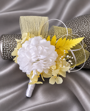 Load image into Gallery viewer, Yellow & white everlasting flowers corsage & buttonhole AB2158 - School formal, prom, graduation
