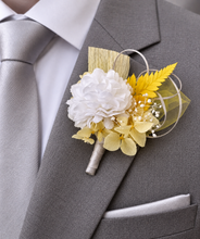 Load image into Gallery viewer, Yellow & white everlasting flowers corsage & buttonhole AB2158 - School formal, prom, graduation