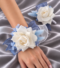 Load image into Gallery viewer, Shades of blue & white everlasting flowers corsage & buttonhole AB2161 - School formal, prom, graduation
