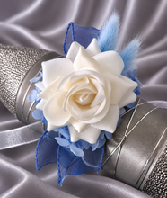Load image into Gallery viewer, Shades of blue & white everlasting flowers corsage & buttonhole AB2161 - School formal, prom, graduation