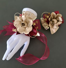 Load image into Gallery viewer, Burgundy and gold everlasting flowers corsage & buttonhole AB2166 - School formal, prom, graduation