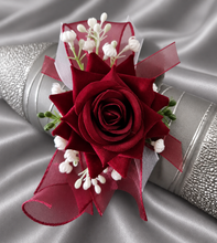 Load image into Gallery viewer, Burgundy, green and white everlasting flowers corsage AB2169 - School formal, prom, graduation