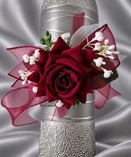 Load image into Gallery viewer, Burgundy, green and white everlasting flowers corsage AB2169 - School formal, prom, graduation