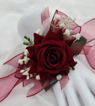 Load image into Gallery viewer, Burgundy, green and white everlasting flowers corsage AB2169 - School formal, prom, graduation