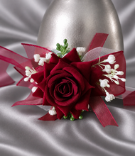 Load image into Gallery viewer, Burgundy, green and white everlasting flowers corsage AB2169 - School formal, prom, graduation