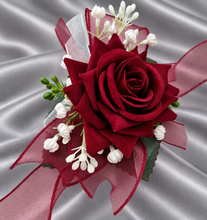 Load image into Gallery viewer, Burgundy, green and white everlasting flowers corsage AB2169 - School formal, prom, graduation
