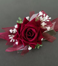 Load image into Gallery viewer, Burgundy, green and white everlasting flowers corsage AB2169 - School formal, prom, graduation