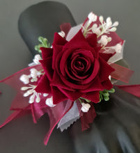 Load image into Gallery viewer, Burgundy, green and white everlasting flowers corsage AB2169 - School formal, prom, graduation
