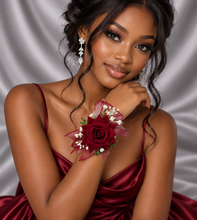 Load image into Gallery viewer, Burgundy, green and white everlasting flowers corsage AB2169 - School formal, prom, graduation